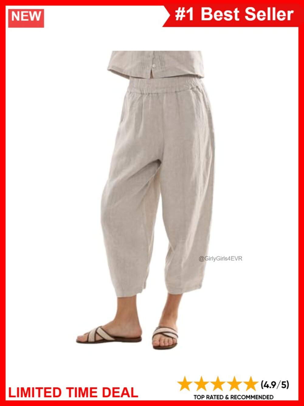 100% Linen Wide Leg Cropped Ankle Pants Elastic Waist Lounge